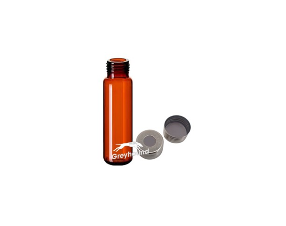 Picture of Vial Kit - P/Nos. 60-100286-A and 60-100916  20mL Headspace Vial, Screw Top, Amber Glass, Rounded Base + 18mm Magnetic Screw Cap (Silver) with pre-fitted Clear PTFE/Grey Butyl Septa, (Shore A 50) Q-Clean